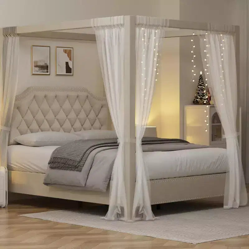 Acekool Queen Canopy Bed - Upholstered Headboard
