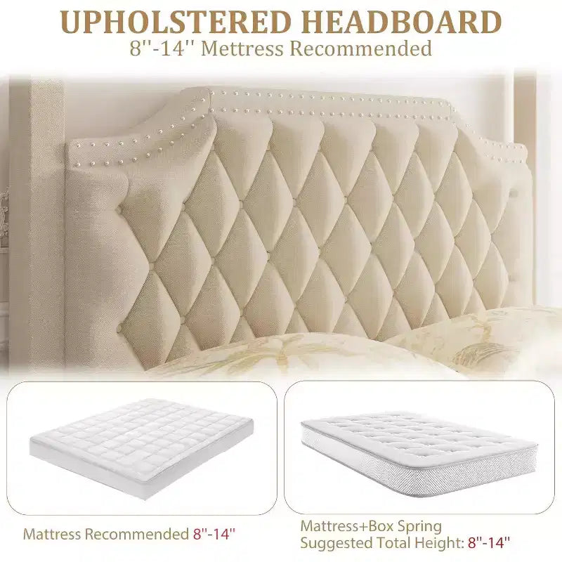 Acekool Queen Canopy Bed - Upholstered Headboard