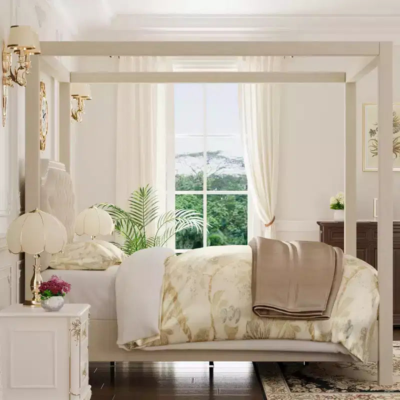 Acekool Queen Canopy Bed - Upholstered Headboard