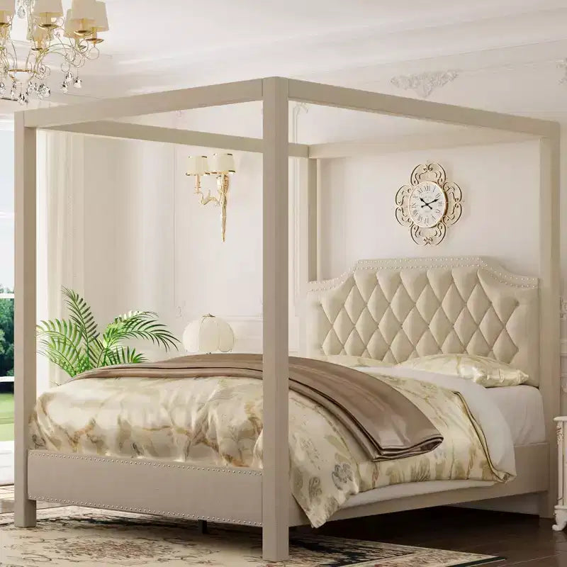 Acekool Queen Canopy Bed - Upholstered Headboard