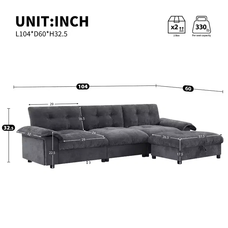 Modular 4-Seat Sectional Sofa with Storage Ottoman, Cup Holders, USB & Type-C Charging, Tufted Cushions, Armrest Storage, Soft Upholstery