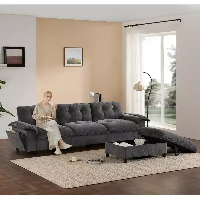 Modular 4-Seat Sectional Sofa with Storage Ottoman, Cup Holders, USB & Type-C Charging, Tufted Cushions, Armrest Storage, Soft Upholstery