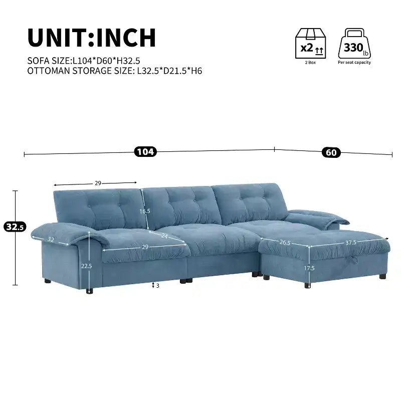 Modular 4-Seat Sectional Sofa with Storage Ottoman, Cup Holders, USB & Type-C Charging, Tufted Cushions, Armrest Storage, Soft Upholstery