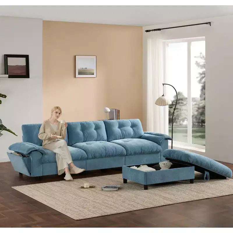 Modular 4-Seat Sectional Sofa with Storage Ottoman, Cup Holders, USB & Type-C Charging, Tufted Cushions, Armrest Storage, Soft Upholstery
