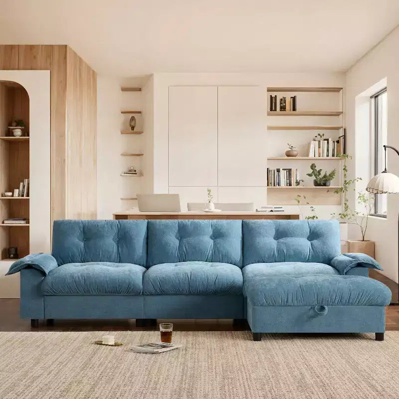 Modular 4-Seat Sectional Sofa with Storage Ottoman, Cup Holders, USB & Type-C Charging, Tufted Cushions, Armrest Storage, Soft Upholstery