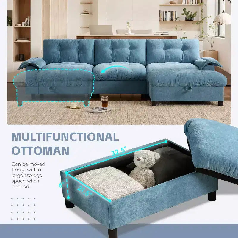 Modular 4-Seat Sectional Sofa with Storage Ottoman, Cup Holders, USB & Type-C Charging, Tufted Cushions, Armrest Storage, Soft Upholstery