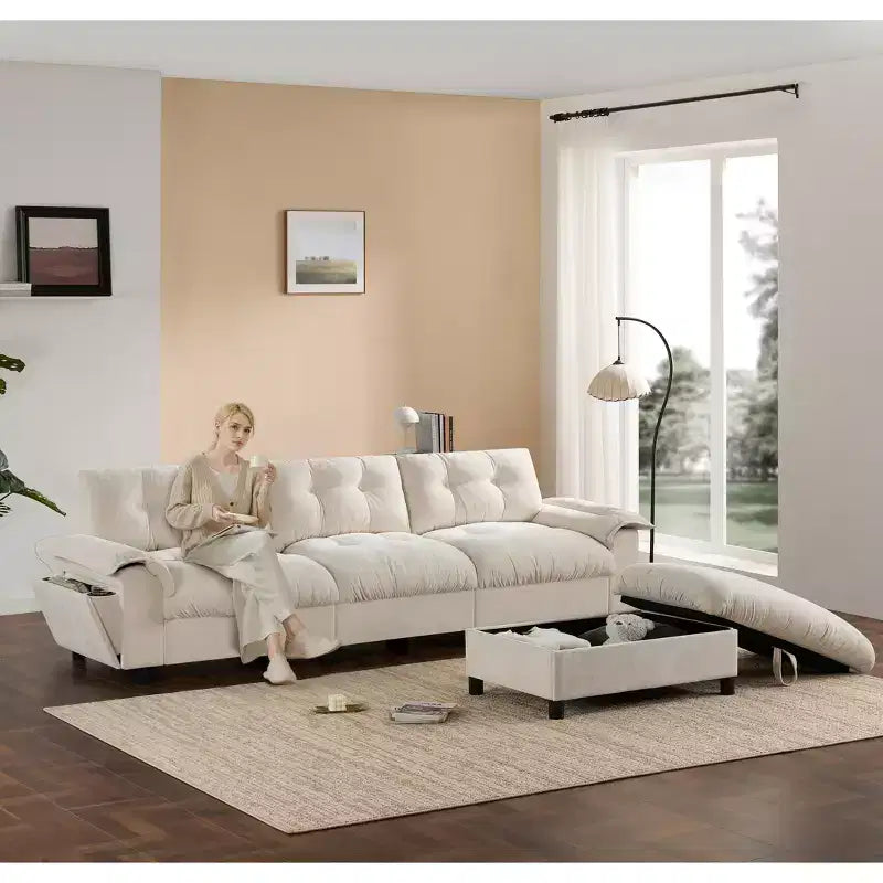 Modular 4-Seat Sectional Sofa with Storage Ottoman, Cup Holders, USB & Type-C Charging, Tufted Cushions, Armrest Storage, Soft Upholstery