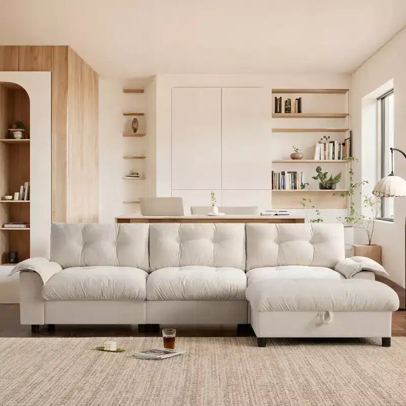 Modular 4-Seat Sectional Sofa with Storage Ottoman, Cup Holders, USB & Type-C Charging, Tufted Cushions, Armrest Storage, Soft Upholstery