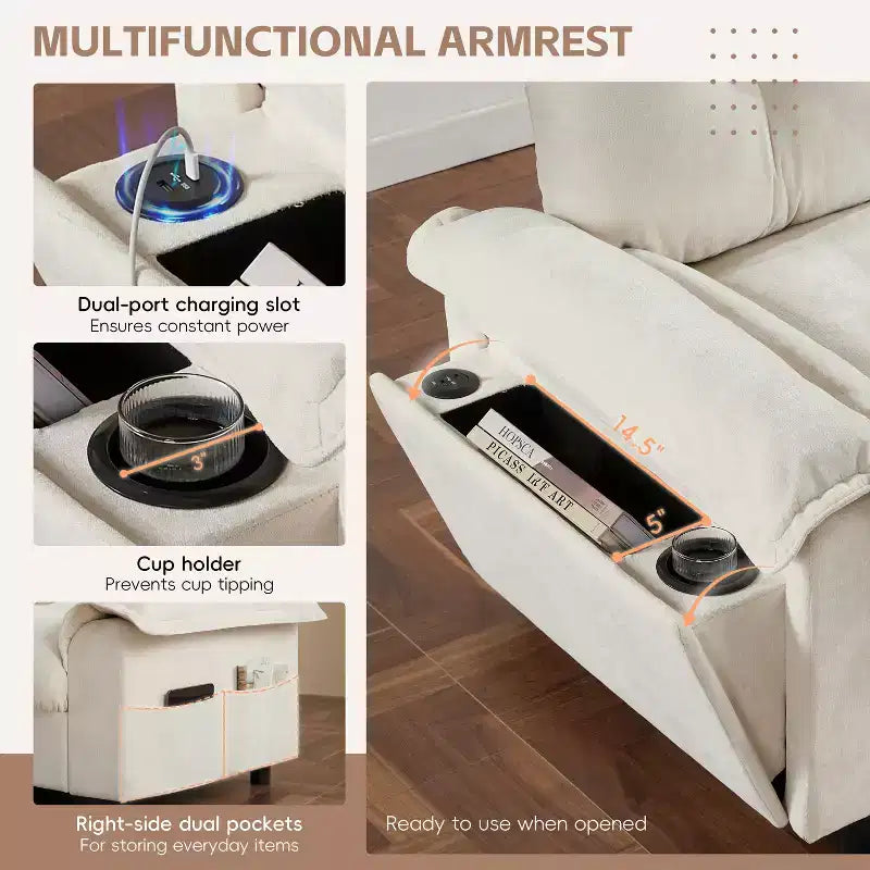 Modular 4-Seat Sectional Sofa with Storage Ottoman, Cup Holders, USB & Type-C Charging, Tufted Cushions, Armrest Storage, Soft Upholstery