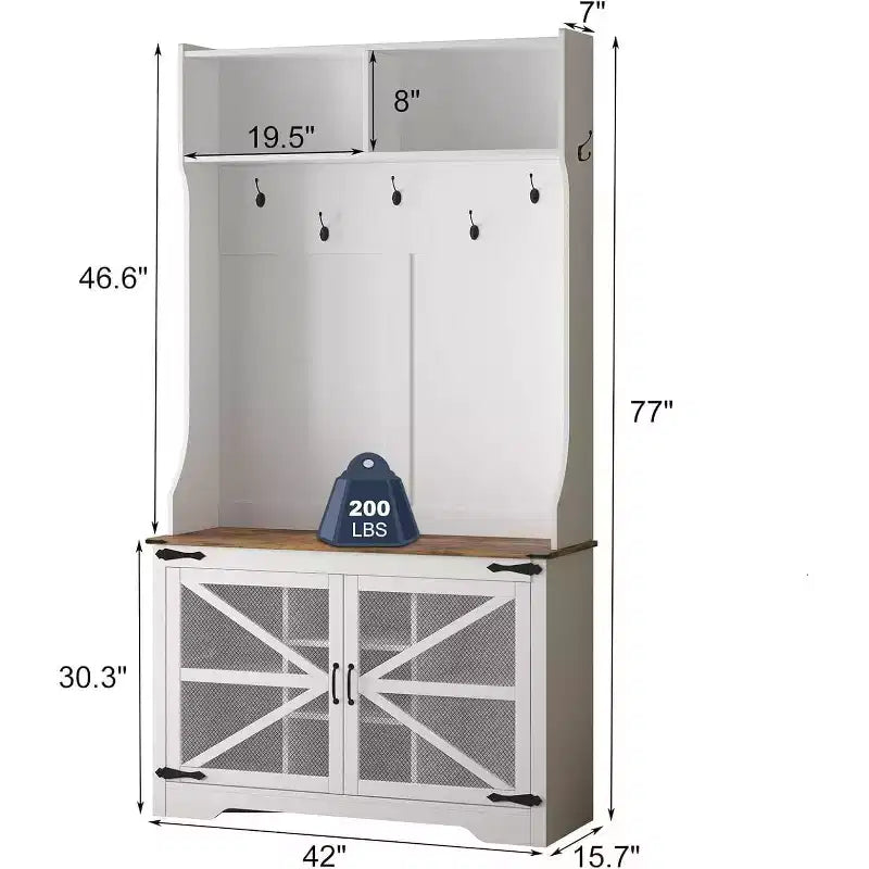 Farmhouse Hall Tree, 4-in-1 Entryway Organizer with 7 Shoe Cubbies & 7 Hooks, Storage Bench for Mudroom/Hallway/Bedroom
