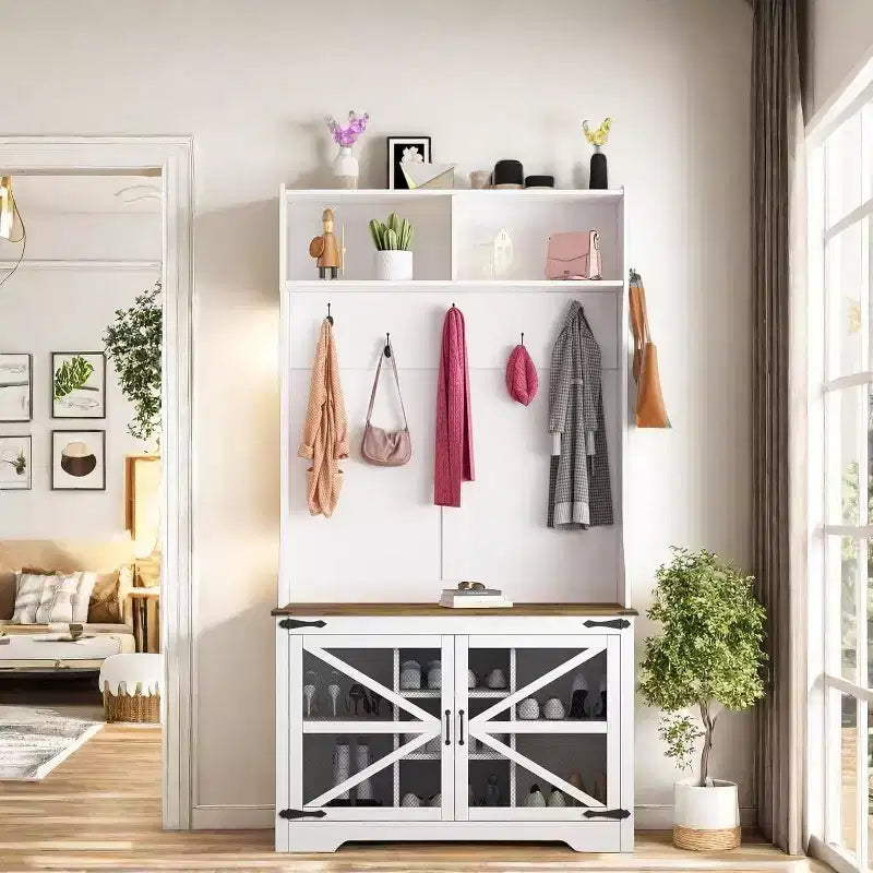 Farmhouse Hall Tree, 4-in-1 Entryway Organizer with 7 Shoe Cubbies & 7 Hooks, Storage Bench for Mudroom/Hallway/Bedroom