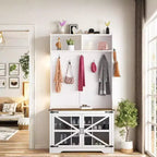 Farmhouse Hall Tree, 4-in-1 Entryway Organizer with 7 Shoe Cubbies & 7 Hooks, Storage Bench for Mudroom/Hallway/Bedroom