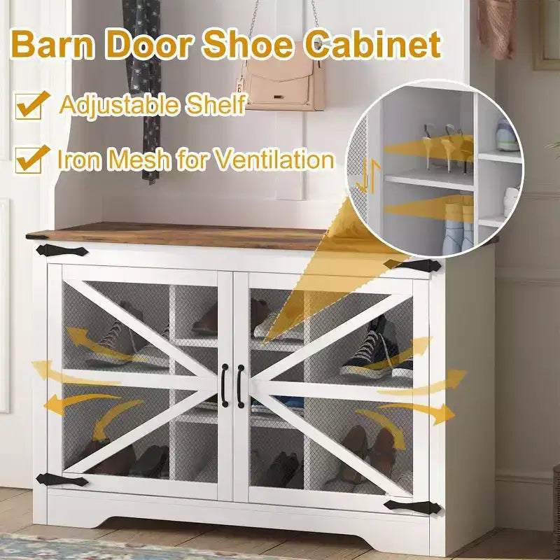 Farmhouse Hall Tree, 4-in-1 Entryway Organizer with 7 Shoe Cubbies & 7 Hooks, Storage Bench for Mudroom/Hallway/Bedroom