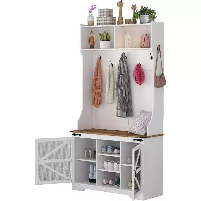 Farmhouse Hall Tree, 4-in-1 Entryway Organizer with 7 Shoe Cubbies & 7 Hooks, Storage Bench for Mudroom/Hallway/Bedroom