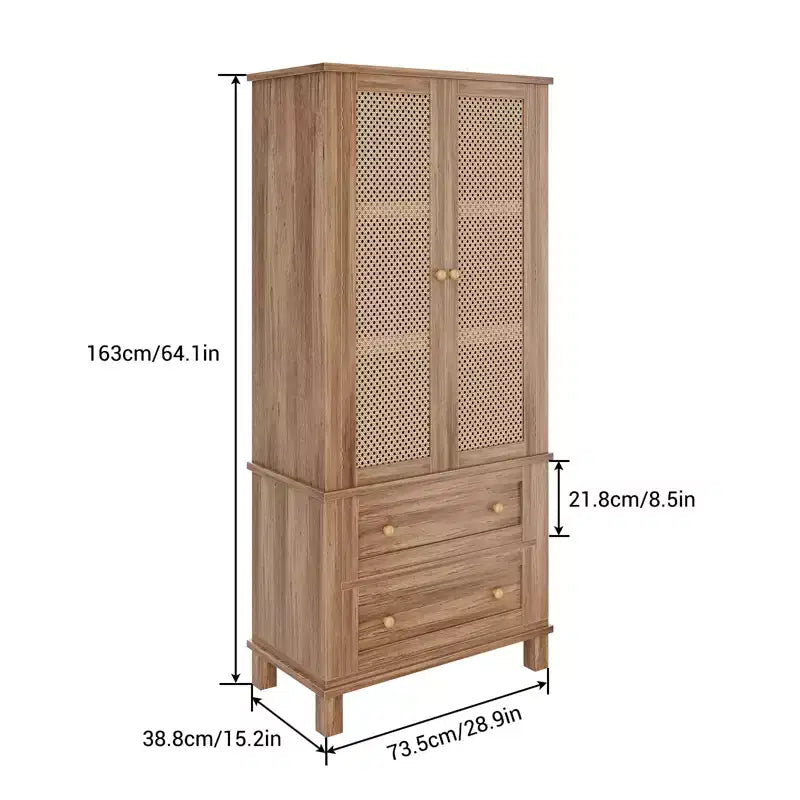 Kitchen Pantry Cabinet with Rattan Doors, 64 Tall Storage Cabinet with 2 Drawers and Adjustable Shelves, Pantry Cabinet Wood Cupboard for Kitchen