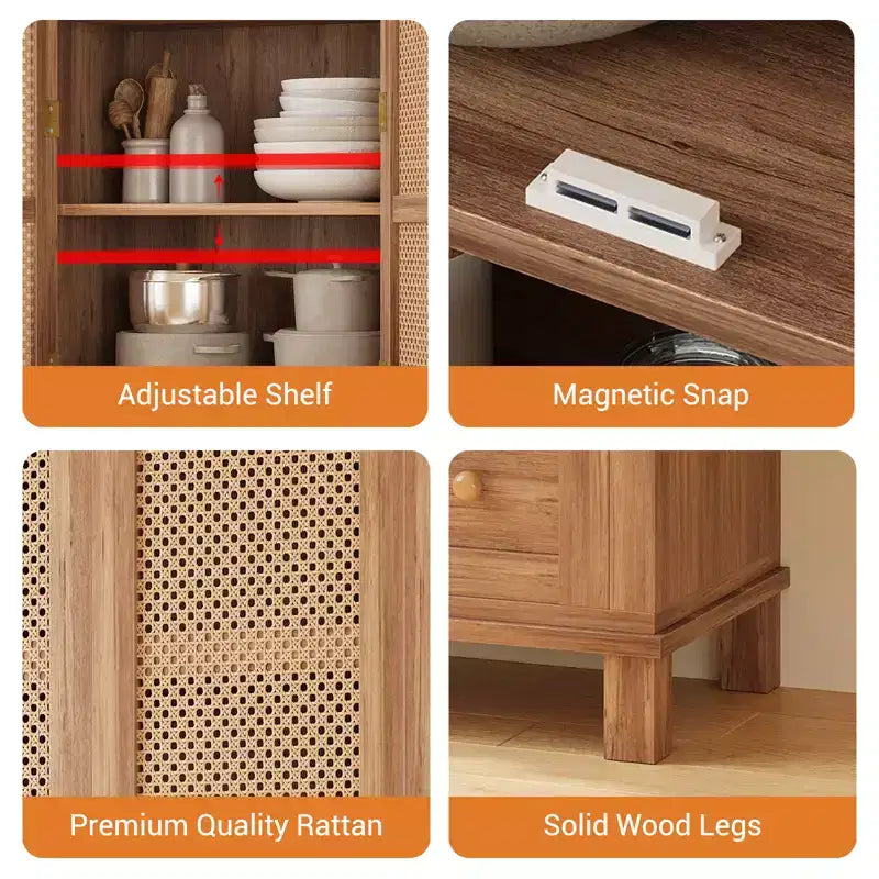 Kitchen Pantry Cabinet with Rattan Doors, 64 Tall Storage Cabinet with 2 Drawers and Adjustable Shelves, Pantry Cabinet Wood Cupboard for Kitchen