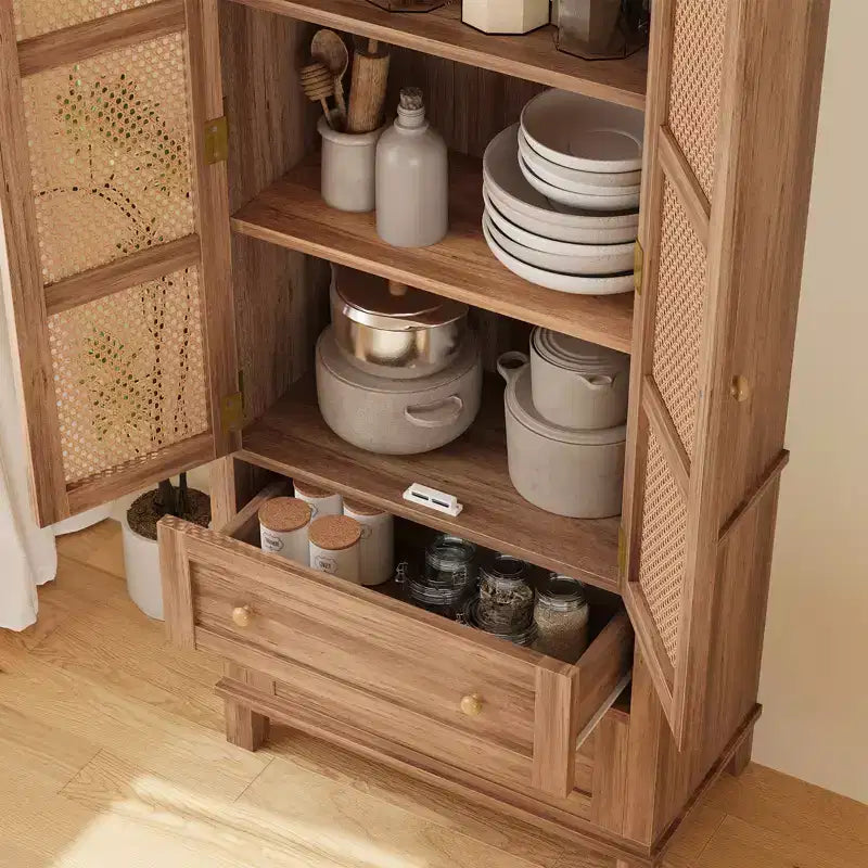 Kitchen Pantry Cabinet with Rattan Doors, 64 Tall Storage Cabinet with 2 Drawers and Adjustable Shelves, Pantry Cabinet Wood Cupboard for Kitchen