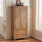 Kitchen Pantry Cabinet with Rattan Doors, 64 Tall Storage Cabinet with 2 Drawers and Adjustable Shelves, Pantry Cabinet Wood Cupboard for Kitchen