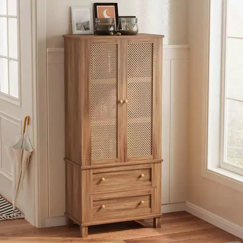 Kitchen Pantry Cabinet with Rattan Doors, 64 Tall Storage Cabinet with 2 Drawers and Adjustable Shelves, Pantry Cabinet Wood Cupboard for Kitchen