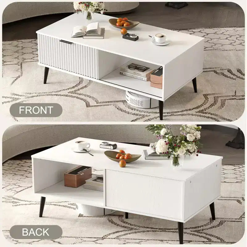 41.34 Wooden Coffee Table with Storage Cabinet, Two-Tier Design, Wave-Style Sliding Doors
