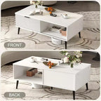 41.34 Wooden Coffee Table with Storage Cabinet, Two-Tier Design, Wave-Style Sliding Doors