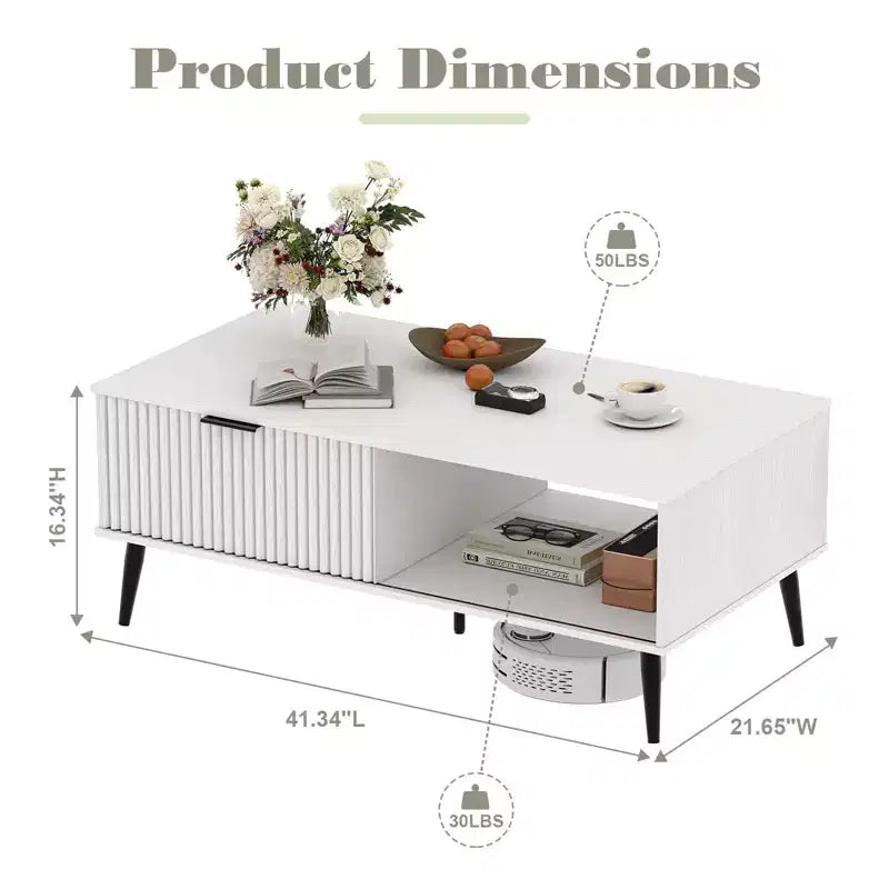 41.34 Wooden Coffee Table with Storage Cabinet, Two-Tier Design, Wave-Style Sliding Doors