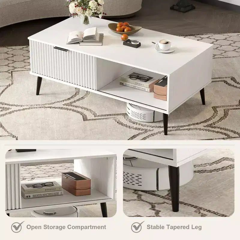 41.34 Wooden Coffee Table with Storage Cabinet, Two-Tier Design, Wave-Style Sliding Doors