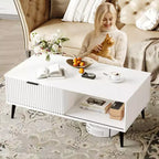 41.34 Wooden Coffee Table with Storage Cabinet, Two-Tier Design, Wave-Style Sliding Doors