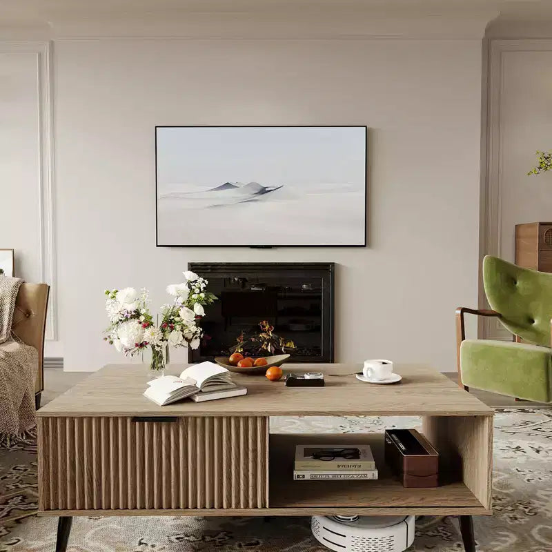 41.34 Wooden Coffee Table with Storage Cabinet, Two-Tier Design, Wave-Style Sliding Doors