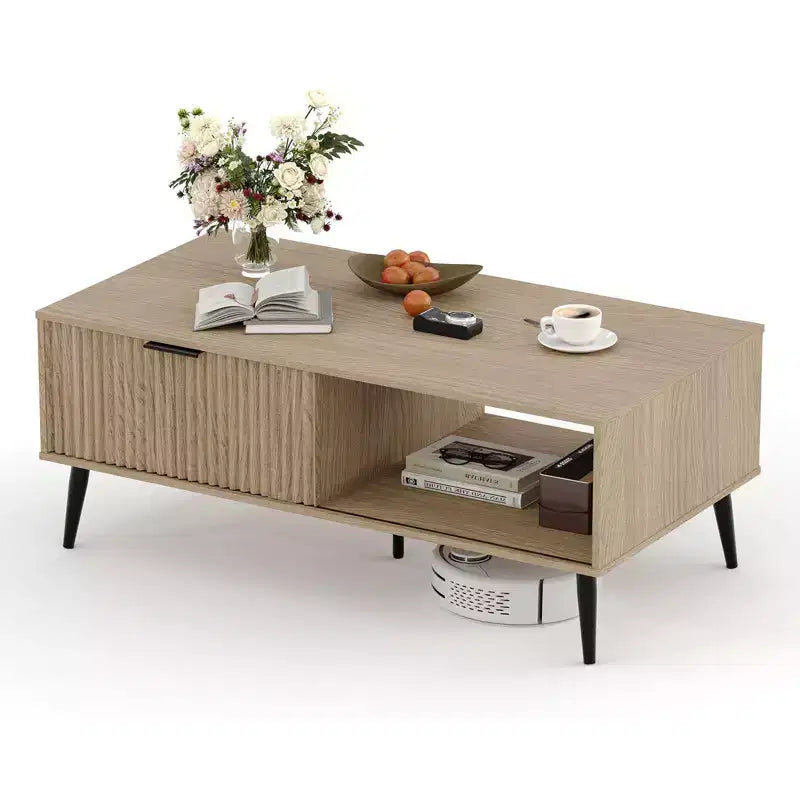 41.34 Wooden Coffee Table with Storage Cabinet, Two-Tier Design, Wave-Style Sliding Doors
