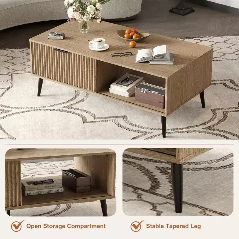 41.34 Wooden Coffee Table with Storage Cabinet, Two-Tier Design, Wave-Style Sliding Doors
