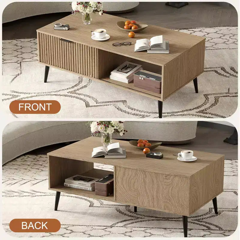 41.34 Wooden Coffee Table with Storage Cabinet, Two-Tier Design, Wave-Style Sliding Doors