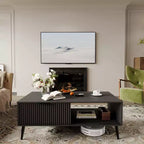 41.34 Wooden Coffee Table with Storage Cabinet, Two-Tier Design, Wave-Style Sliding Doors