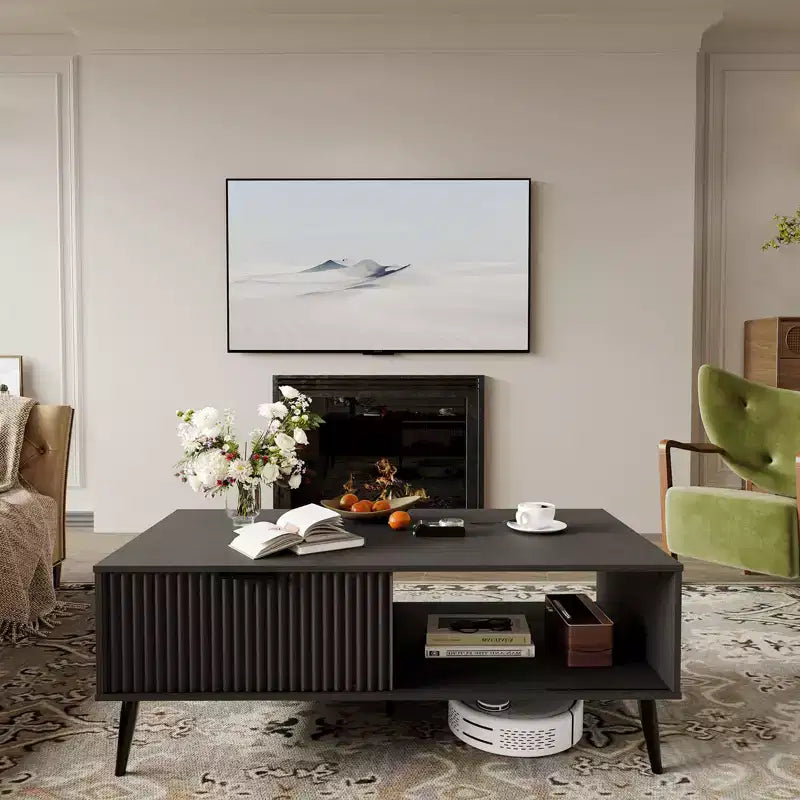 41.34 Wooden Coffee Table with Storage Cabinet, Two-Tier Design, Wave-Style Sliding Doors