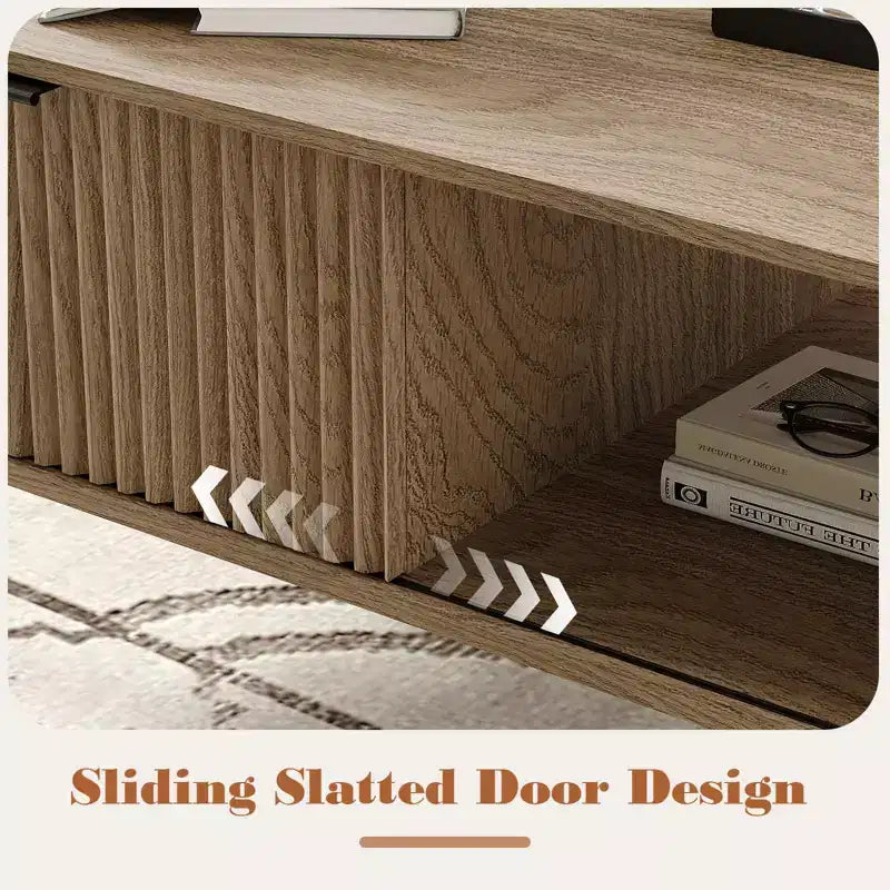 41.34 Wooden Coffee Table with Storage Cabinet, Two-Tier Design, Wave-Style Sliding Doors