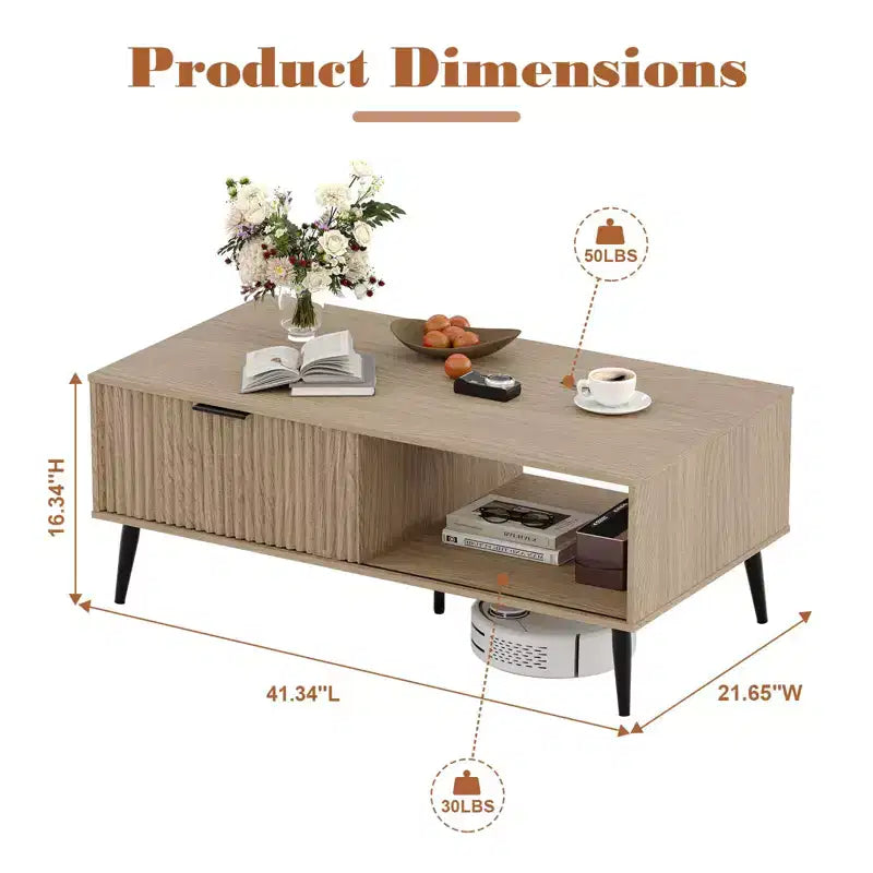 41.34 Wooden Coffee Table with Storage Cabinet, Two-Tier Design, Wave-Style Sliding Doors