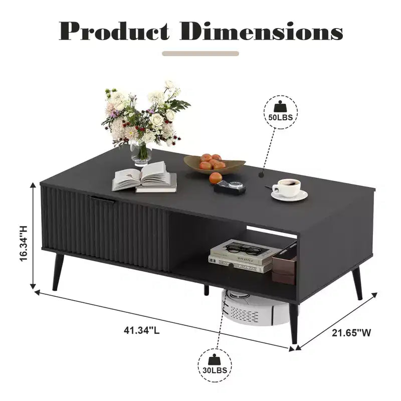 41.34 Wooden Coffee Table with Storage Cabinet, Two-Tier Design, Wave-Style Sliding Doors