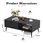 41.34 Wooden Coffee Table with Storage Cabinet, Two-Tier Design, Wave-Style Sliding Doors