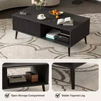 41.34 Wooden Coffee Table with Storage Cabinet, Two-Tier Design, Wave-Style Sliding Doors