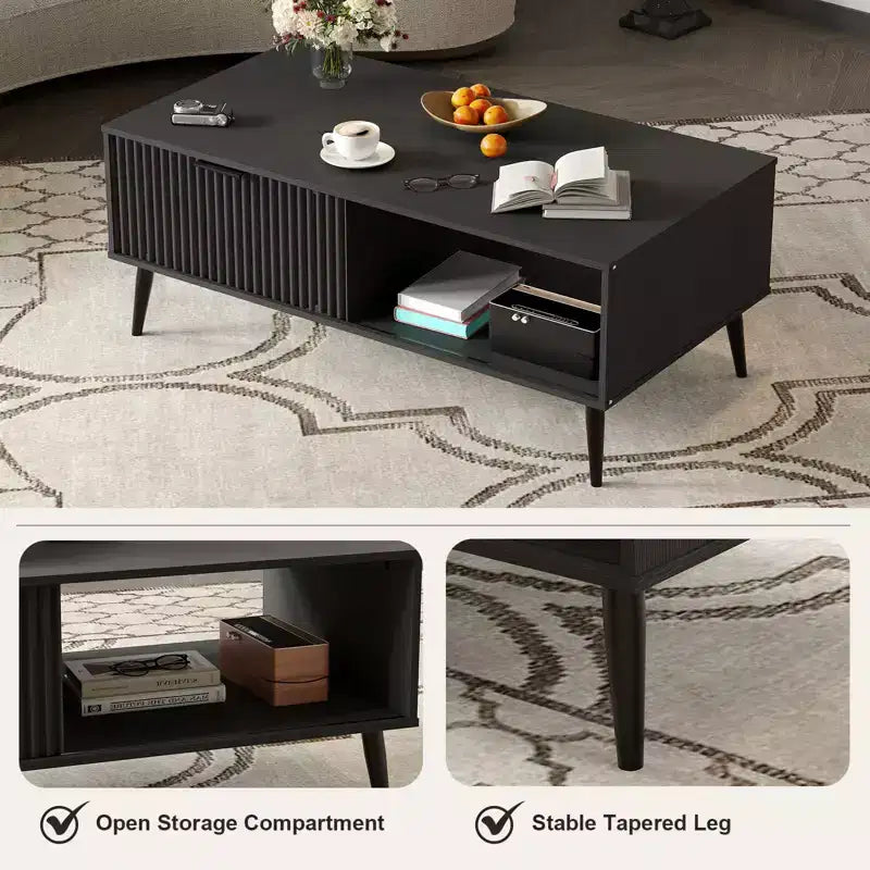 41.34 Wooden Coffee Table with Storage Cabinet, Two-Tier Design, Wave-Style Sliding Doors