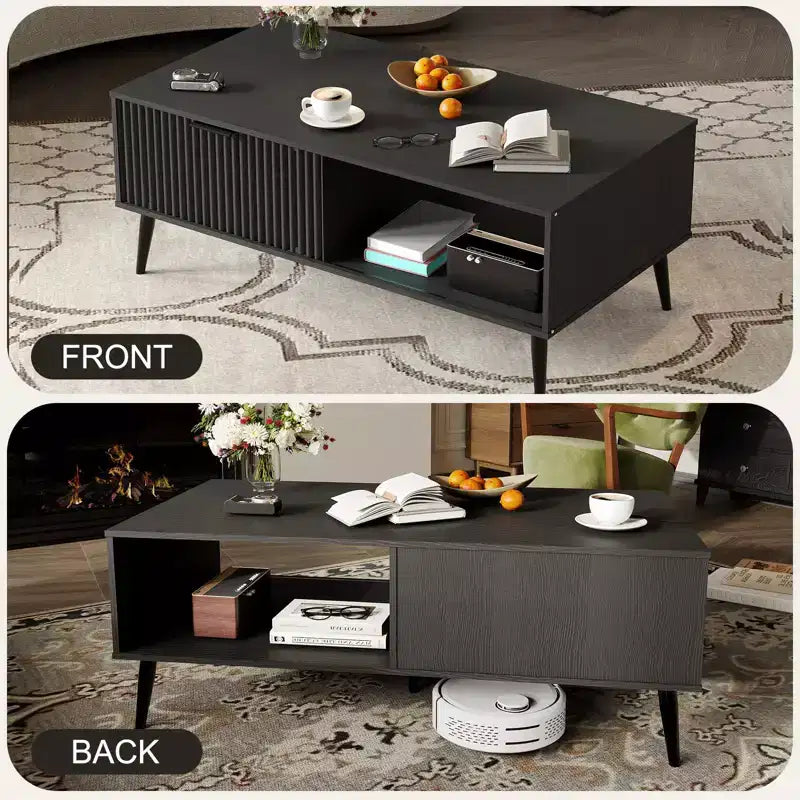 41.34 Wooden Coffee Table with Storage Cabinet, Two-Tier Design, Wave-Style Sliding Doors