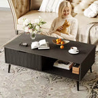 41.34 Wooden Coffee Table with Storage Cabinet, Two-Tier Design, Wave-Style Sliding Doors
