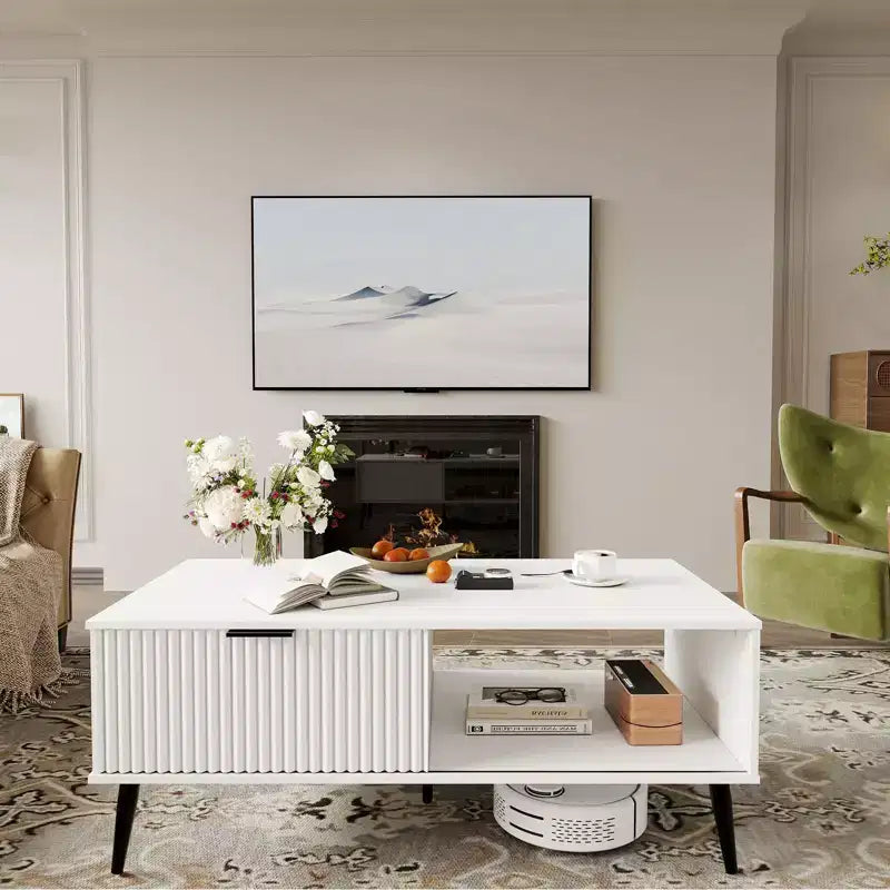 41.34 Wooden Coffee Table with Storage Cabinet, Two-Tier Design, Wave-Style Sliding Doors