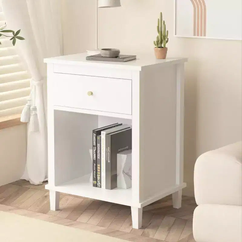 MAYEERTY Wooden Nightstand with One Drawer One Shelf for Bedroom Living Room White