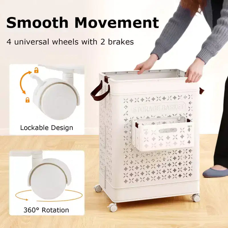 Costway Collapsible Laundry Basket Movable Laundry Cart with Side Basket, Lockable Wheels
