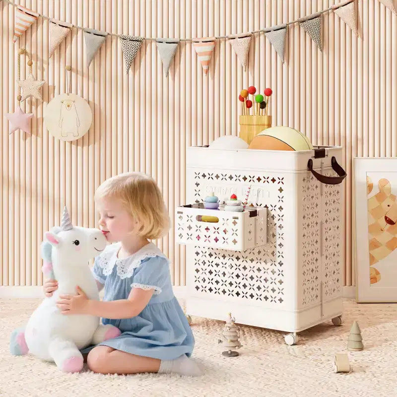 Costway Collapsible Laundry Basket Movable Laundry Cart with Side Basket, Lockable Wheels