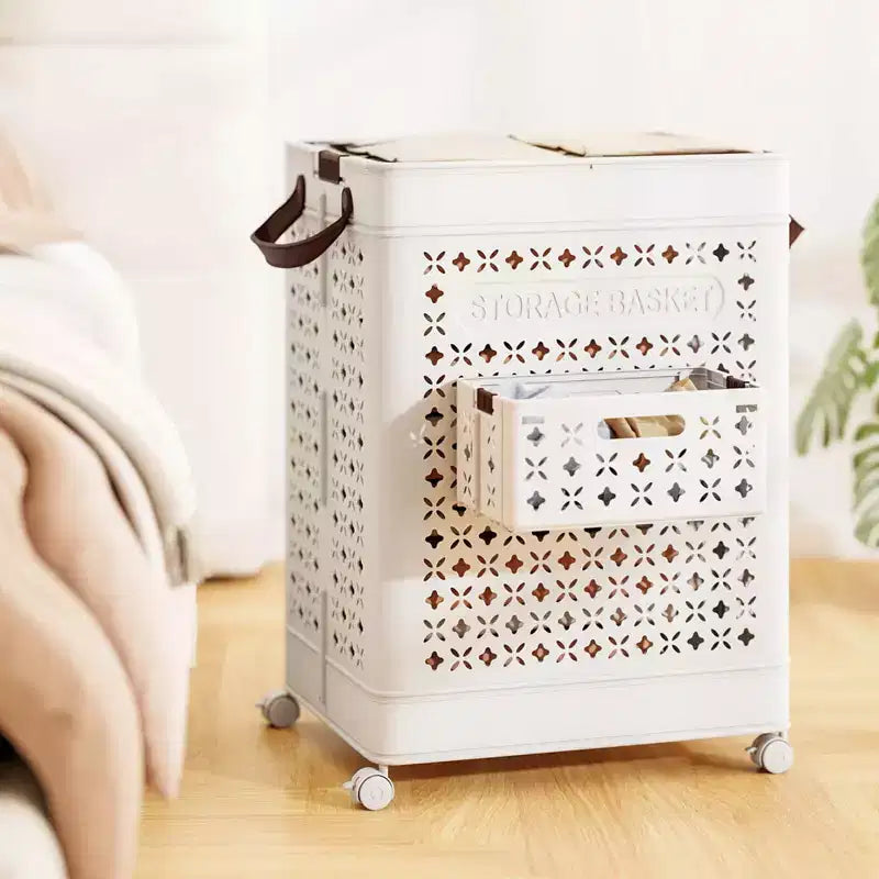 Costway Collapsible Laundry Basket Movable Laundry Cart with Side Basket, Lockable Wheels