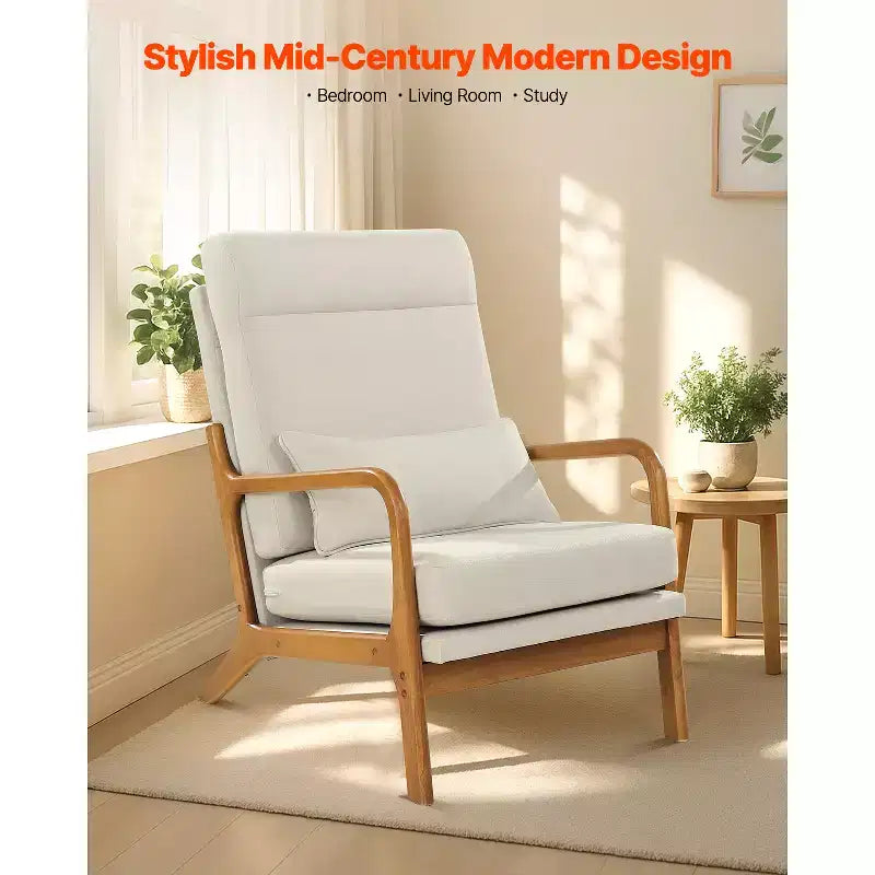 VEVOR Accent Chair, High Back Mid Century Modern Armchair with Solid Wood Frame and Non-Slip Legs, Upholstered Leisure Chair, Beige