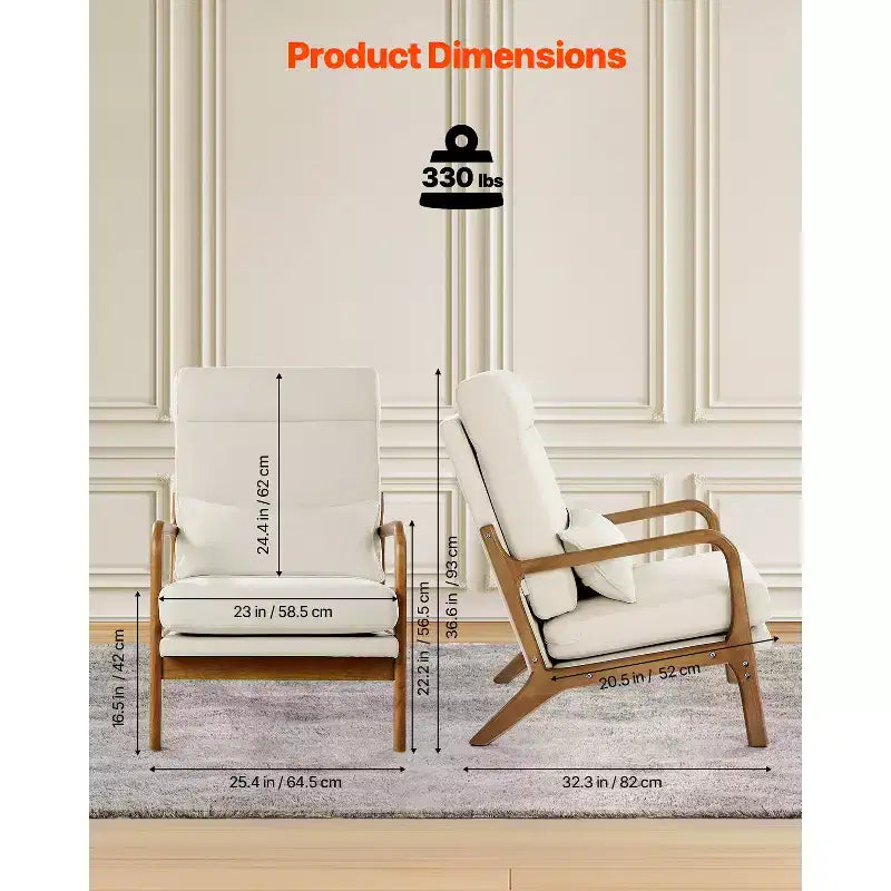 VEVOR Accent Chair, High Back Mid Century Modern Armchair with Solid Wood Frame and Non-Slip Legs, Upholstered Leisure Chair, Beige