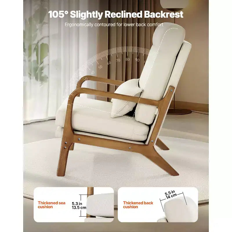 VEVOR Accent Chair, High Back Mid Century Modern Armchair with Solid Wood Frame and Non-Slip Legs, Upholstered Leisure Chair, Beige